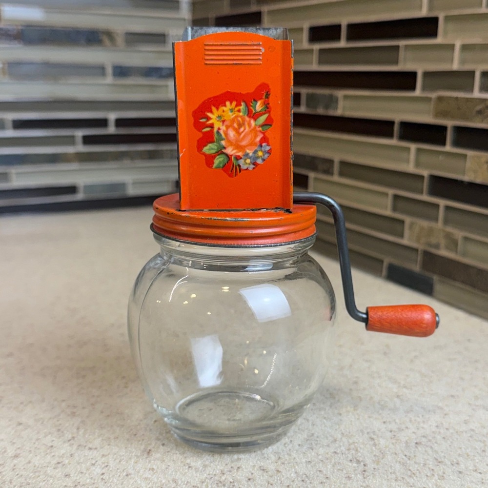 Vintage 1940s Hazel Atlas Glass Nut Grinder 6" Orange Floral w/ Hand Crank 5935